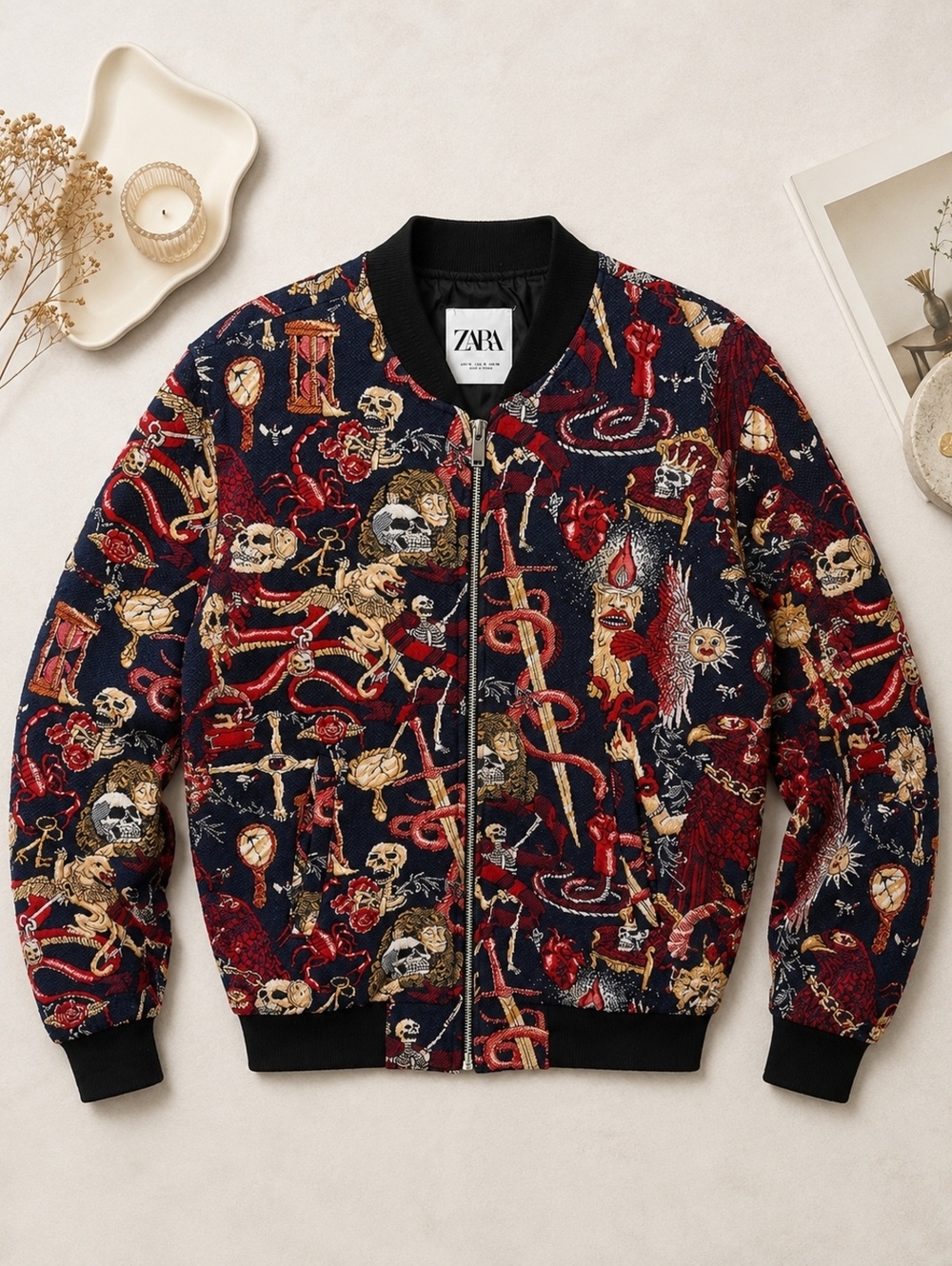 ZARA Embroidered Pattern Bomber Jacket Navy Red S Unique Design